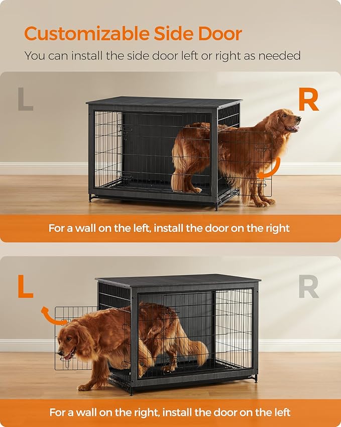 Feandrea 44.1" Dog Crate Furniture, Indoor Dog Cage Side End Table, XL Pet Wood Kennel for Large and Medium Dogs up to 80 lb with Multi-Purpose Removable Tray, Double-Door Pet House, Ink Black