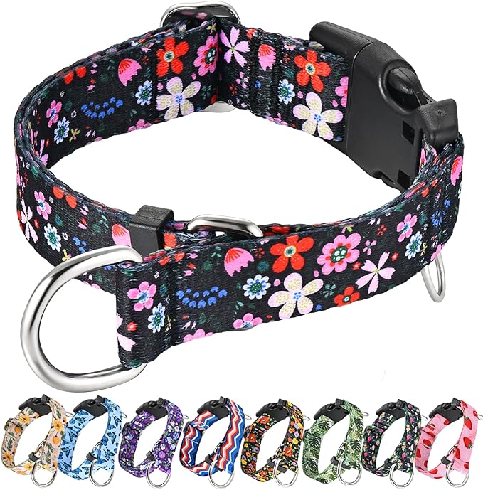 Martingale Dog Collar with Buckle Adjustable Nylon Limited Slip No Pull Training Floral Dog Collars (Black Pink Red, XSmall)
