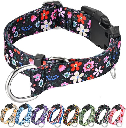 Martingale Dog Collar with Buckle Adjustable Nylon Limited Slip No Pull Training Floral Dog Collars (Black Pink Red, Medium)