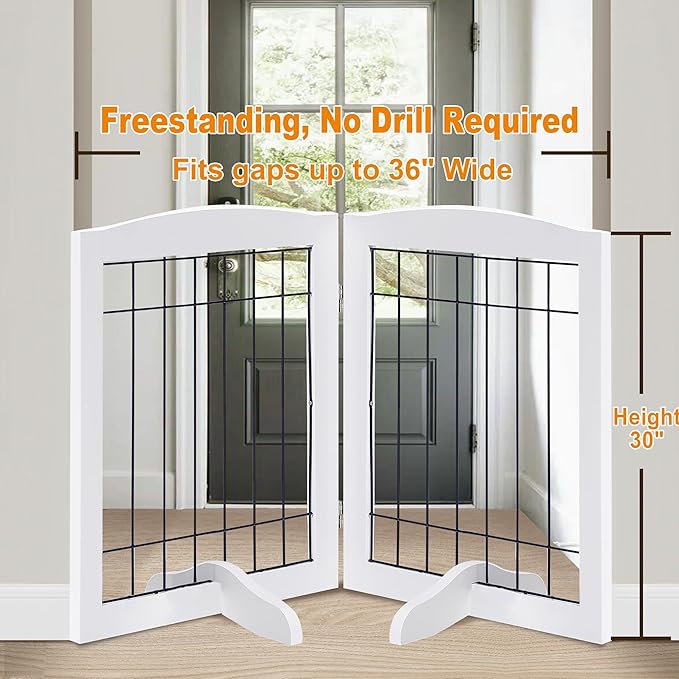 LZRS 2-Panel Freestanding Adjustable Wooden Dog Gate—30” Tall Foldable Pet Barrier with Support Feet, Solid Hardwood & Chew-Resistant Steel Wire for Doorways, Hallways, and Stairs, White