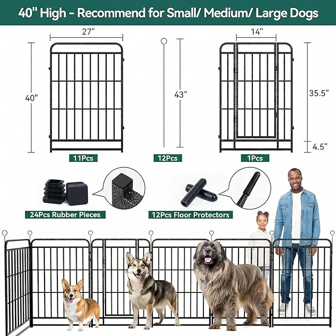 Dog Playpen Outdoor 12 Panels 40'' Rustproof Metal Dog Fence with Gate Small Medium Portable Large Dog Play Pen 27FT 90 sq ft for RV Camping, Trips, Play Yard