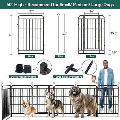 Dog Playpen Outdoor 12 Panels 40'' Rustproof Metal Dog Fence with Gate Small Medium Portable Large Dog Play Pen 27FT 90 sq ft for RV Camping, Trips, Play Yard