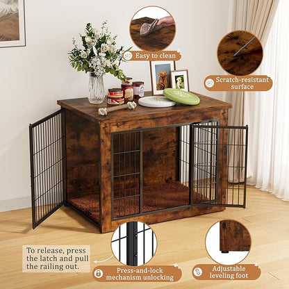 Greesum Modern Dog Crate Furniture That Doubles as a Side Table - Sturdy Wooden Kennel with Double Door Design, Equipped with Soft Cushion & Chew-Resistant Resign, Suitable for Dogs