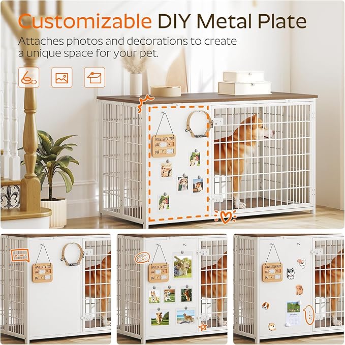 YATINEY Foldable Dog Crate Furniture, 47.2" Dog Crate with DIY Frame, Heavy Duty Dog Kennel Indoor with Hooks, Wooden Dog Cage End Table, for Small/Medium/Large Dogs, White DC120WH