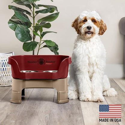 Neater Feeder Deluxe Mess-Proof Elevated Dog Bowls for Medium Dogs (19–40 lbs), 2 Height Adjustable (10” & 12.5”) No-Spill Raised Dog Bowl Stand, Stainless Steel Food Bowl Set, Made in USA, Cranberry
