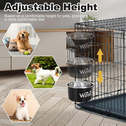 Crate Water Bowl No Spill for Large Dogs, Removable Stainless Steel Dog Bowls for Food and Water, Dog Kennel Hanging Wet and Dry Food Feeder for Medium/Large Pets, (7.1"x3.7" & 6.3"*2.6", Black)