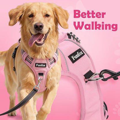 Funfox Dog Harness Medium No Pull, Adjustable 2 Clips Anti-Pull Vest with Practical Handle, Breathable Padded Pet Harness Designed for Small/Large Breeds, Reflective Training Walking Pink M