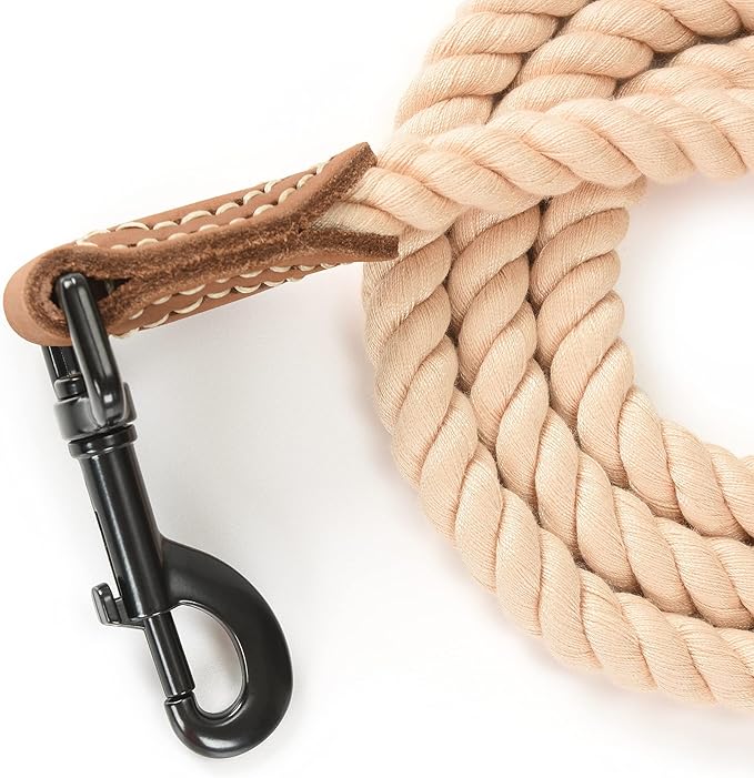 Mile High Life Dog Leash, Braided Cotton Rope Leashes with Leather Tip - Heavy Duty Metal Clasp, 5FT, 1/2" Thick - Wedding, Walking & Training Leash for Small Medium Large Dogs (Light Brown)