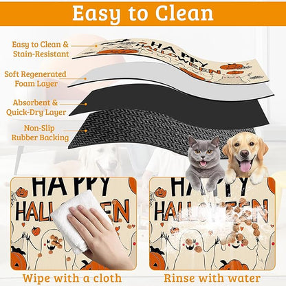 Pumpking Bat Dog Cat Food Mat,Halloween Absorbent Waterproof Placemat for Food and Water Non Slip Rubber Backing Durable Feeding Pad for Clean Floors 16" x 24"