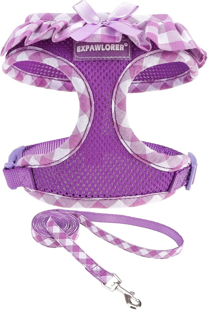 EXPAWLORER Cute Dog Harness and Leash Set - Purple Girl Dog Harness Checkered Step-in Design, Easy Adjustable No-Choke Lightweight Breathable Vest for Puppy Small Dogs Cats Outdoor Walking, Small
