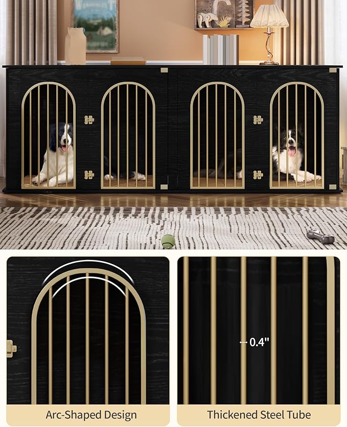 Hzuaneri 88.4" Dog Crate Furniture for 2 Dogs, Heavy Duty Indoor Dog Kennel TV Stand, XXL Wooden Dog Cage with Divider for Medium Large Dogs, End Table Dog Crate with Cushion, Black Gold DFC84004AV1