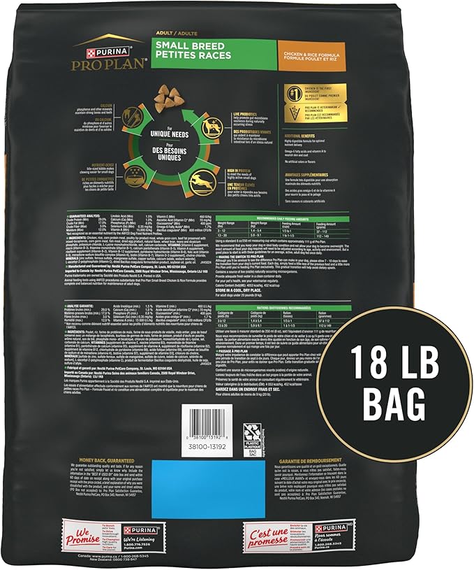 Purina Pro Plan Small Breed Dry Dog Food Chicken and Rice Formula With Guaranteed Live Probiotics - 18 lb. Bag