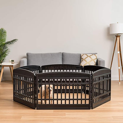 IRIS USA Dog Playpen with Door, 24” 6 Panel Pet Exercise Pen – Indoor Outdoor Puppy Play Pen, Portable Plastic Pet Fence for Small Medium Dogs, Foldable 61” x 61” x 24”, Black