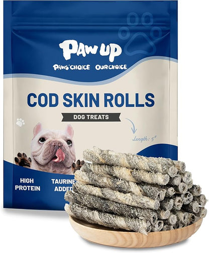 PAWUP Cod Skin Rolls Dog Treats Natural High Omega 3 Dog Snacks, Single Ingredient Cod Skin Chews for Small Dogs w/Taurine, 16 oz