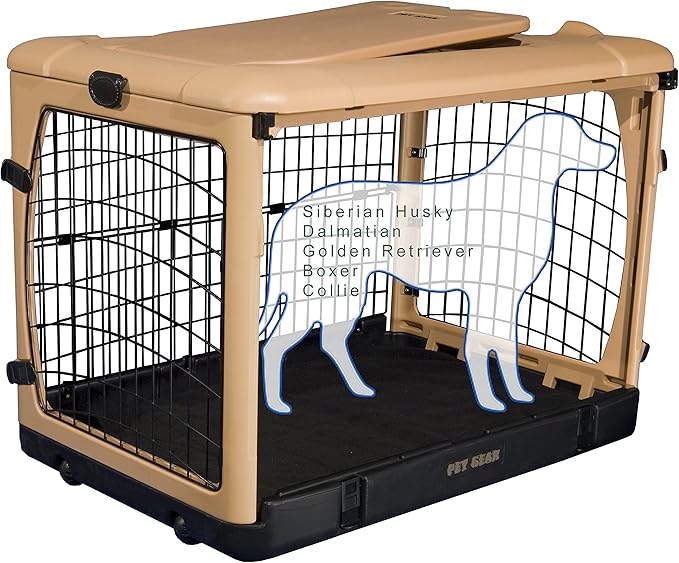 Pet Gear “The Other Door” 4 Door Steel Crate for Dogs/Cats with Garage-Style Door, Includes Plush Bed + Travel Bag, No Tools Required, New Tan, 42 Inch