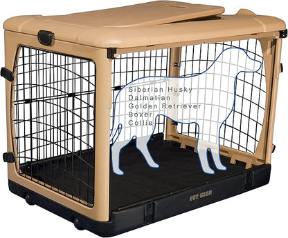 Pet Gear “The Other Door” 4 Door Steel Crate for Dogs/Cats with Garage-Style Door, Includes Plush Bed + Travel Bag, No Tools Required, New Tan, 42 Inch