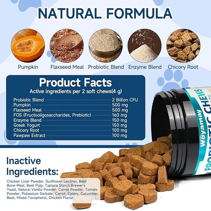 Woyamay Dog Probiotic for Dogs, 200 Soft Treats Dog Probiotics for Digestive Health & Immune System, Probiotic Chews for Dogs, Support Gut Health|Itchy Skin|Diarrhea|Gas Relief Treatment