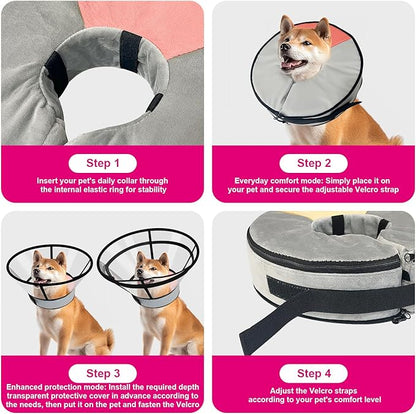 Sponge Core Dog Cat Cone Collar for After Surgery Recovery, Inflatable Dog Cone Alternative, Lainergie Dogs Donut Collar Adjustable with 2PCS Cover for Large Medium Small Dogs Cats (Grey+Pink, S)