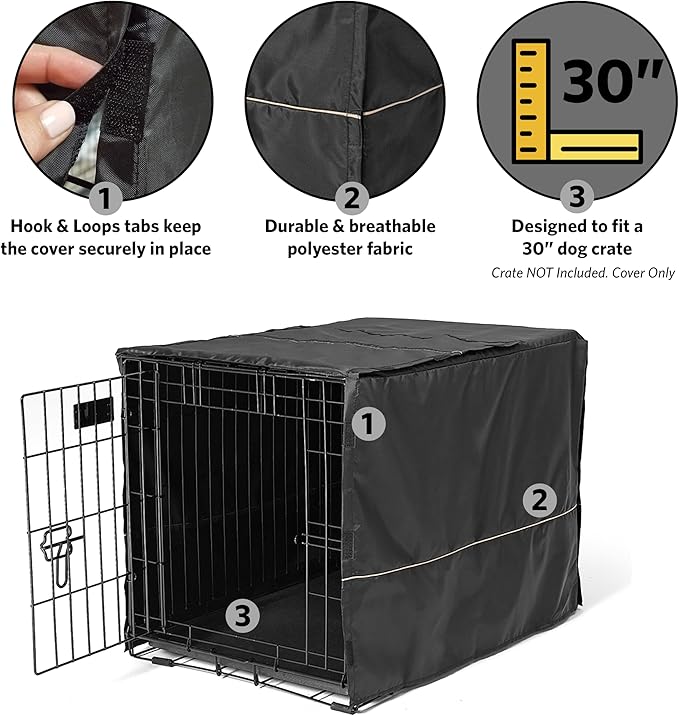 MidWest Homes for Pets Medium Dog Crate Cover, Black Polyester Privacy Kennel Cover Fits Most 30-inch Crates, Machine Washable, Reduces Barking & Chewing