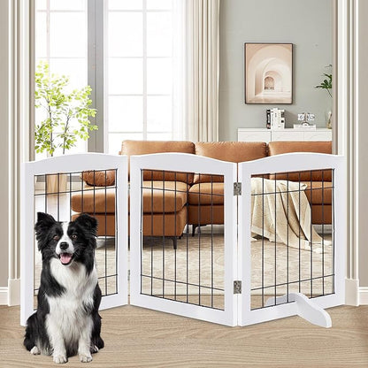 LZRS 3-Panel Freestanding Adjustable Wooden Dog Gate—30" Tall Foldable Pet Barrier with Support Feet, Chew-Resistant Solid Hardwood & Steel Wire Safety Fence for Doorways, Hallways, and Stairs, White
