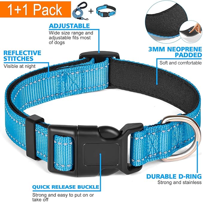 Ladoogo Reflective Dog Collar Padded with Soft Neoprene Breathable Adjustable Nylon Dog Collars for Small Medium Large Dogs (Small (Pack of 1), Vivid Blue Collar+Leash)