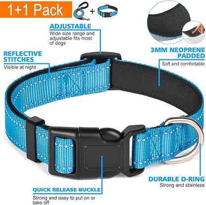 Ladoogo Reflective Dog Collar Padded with Soft Neoprene Breathable Adjustable Nylon Dog Collars for Small Medium Large Dogs (Small (Pack of 1), Vivid Blue Collar+Leash)
