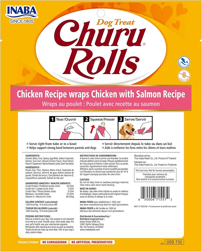 INABA Churu Rolls Chicken Wraps Chicken with Salmon Recipe Dog Treats, 3.36 oz.