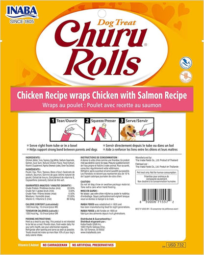 INABA Churu Rolls Chicken Wraps Chicken with Salmon Recipe Dog Treats, 3.36 oz.