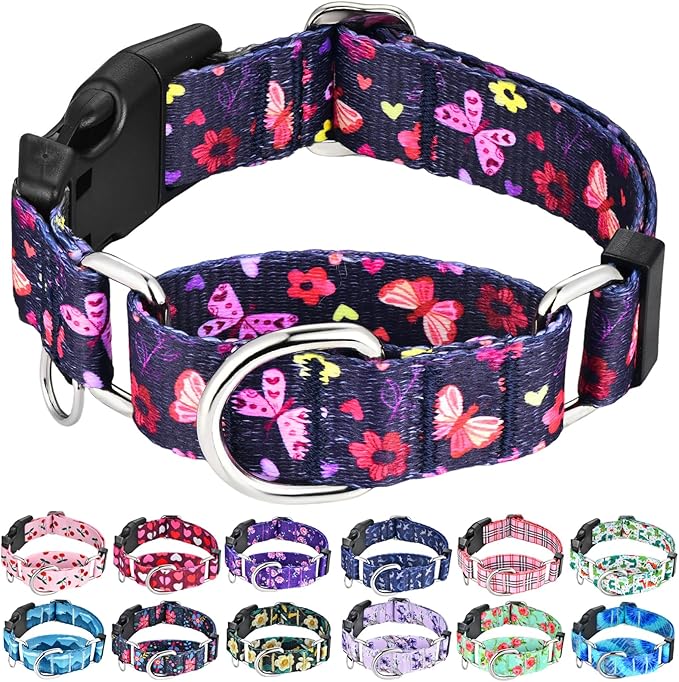 Martingale Collar with Buckle Purple Nylon Adjustable Cute Girl Female Dog Collars (Butterfly Floral, Small)