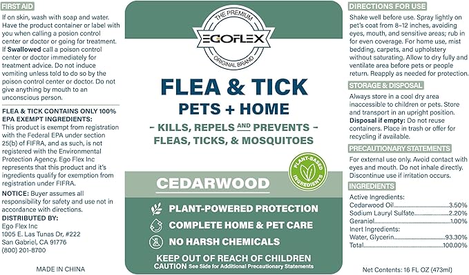 Flea Spray for Home & Pets - Flea and Tick Prevention for Dogs - Plant Based Repellent with Natural Essential Oils for Dog Flea Treatment Protection - Cedarwood Scent - 16 Fl Oz