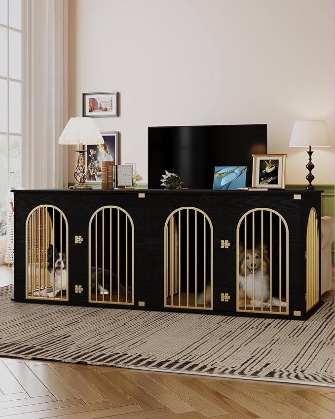 Hzuaneri 88.4" Dog Crate Furniture for 2 Dogs, Heavy Duty Indoor Dog Kennel TV Stand, XXL Wooden Dog Cage with Divider for Medium Large Dogs, End Table Dog Crate with Cushion, Black Gold DFC84004AV1