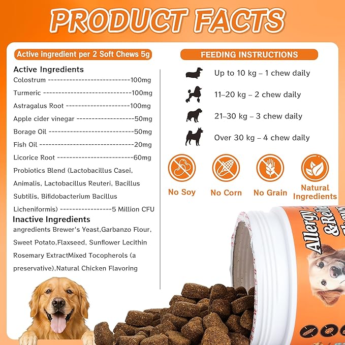 Dog Allergy Chews 200PCS – Supports Skin & Coat Health – Helps Reduce Mild Itching & Scratching – Immune & Allergy Support – with Probiotics & Borage Oil
