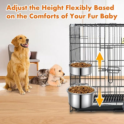 Dog Crate Water Bowl No Spill 40oz & 60oz, 2 Pack Stainless Steel Large Dog Water Bowls for Cage, Crate, Kennel - Hanging Detachable Pet Water/Food Bowl for Indoor & Outdoor