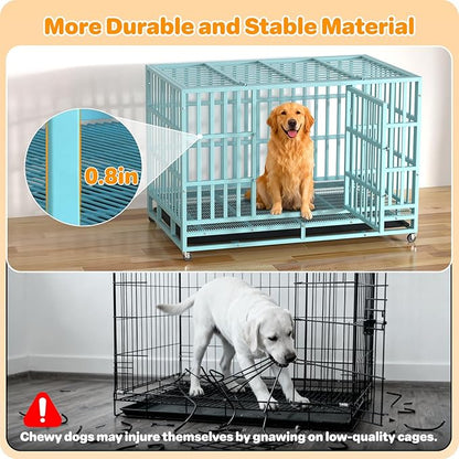 Hiwokk 48 Inch Heavy Duty Dog Crate, Indestructible Escape-Proof Dog Kennel for High Anxiety Large Dogs, Strong Metal Pet Cage with Double Doors, Lockable Wheels & Removable Tray, XL XXL XXXL