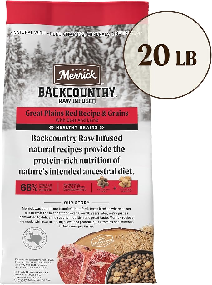 Merrick Backcountry Healthy Grains Kibble With Freeze Dried Raw Pieces, Great Plains Red Meat Recipe Dog Food - 20.0 Lb. Bag