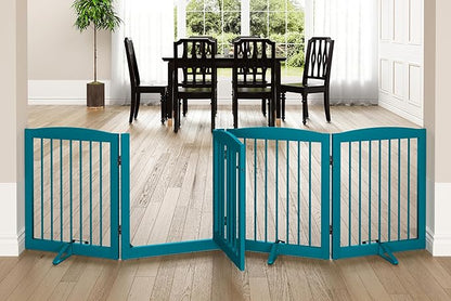 PUPETPO Freestanding Dog Gate with Door, Pet Gate for Stairs, 80 inch Wide Pet Barrier Indoor, Dog Fences Indoor, Support Feet Included, 4 Panels, 24" Tall, Blue