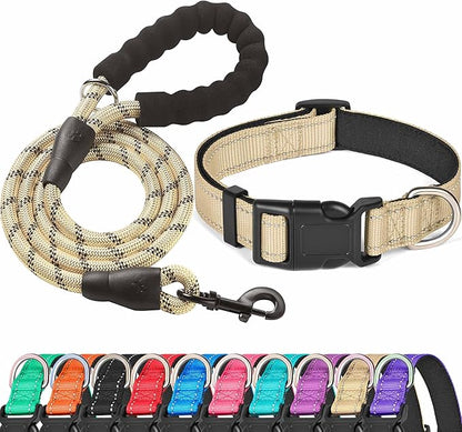 Ladoogo Reflective Dog Collar Padded with Soft Neoprene Breathable Adjustable Nylon Dog Collars for Small Medium Large Dogs (X-Small (Pack of 1), Vanilla Collar+Leash)