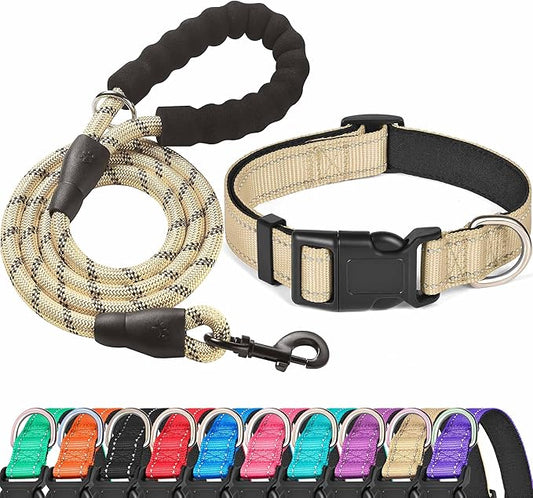 Ladoogo Reflective Dog Collar Padded with Soft Neoprene Breathable Adjustable Nylon Dog Collars for Small Medium Large Dogs (X-Small (Pack of 1), Vanilla Collar+Leash)