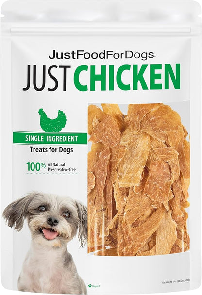 JustFoodForDogs Single Ingredient Healthy Dog Treats and Dog Snacks, Jerky Treats, Human Grade, Preservative and Grain Free, Rawhide Free Chews, Low Calorie Treat - Chicken Breast, 18 oz