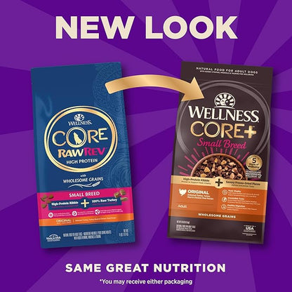 Wellness CORE+ Dry Dog Food with Freeze Dried Pieces, Small Breed, Wholesome Grains, High Protein, Natural, Original Turkey & Chicken Recipe, (10-Pound Bag)