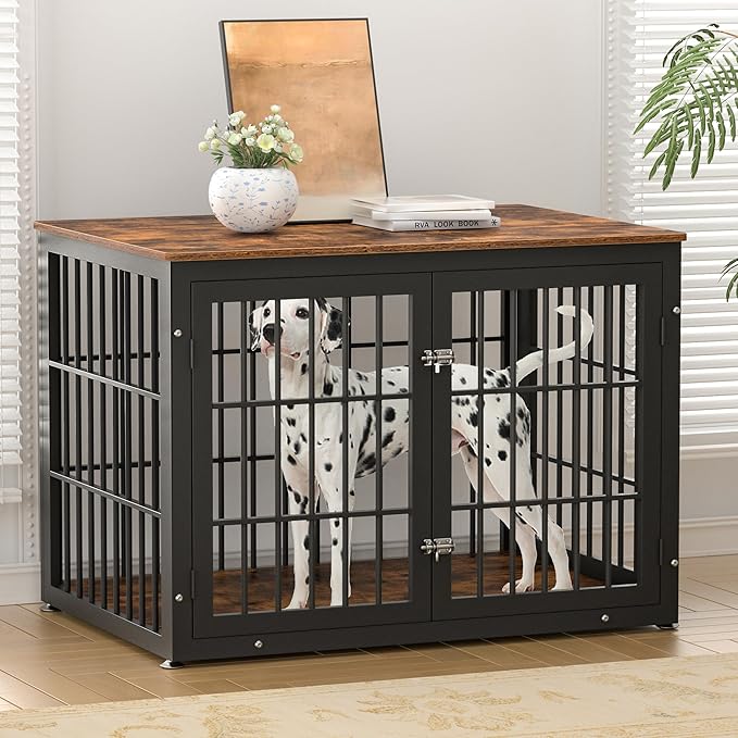 rehomerance 42 Inch Heavy Duty Dog Crate Furniture for Large and Medium Dogs, Decorative Pet House End Table, Wooden Cage Kennel Furniture Indoor, Rustic Brown