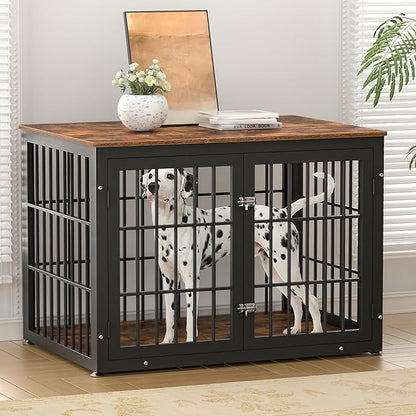 rehomerance 42 Inch Heavy Duty Dog Crate Furniture for Large and Medium Dogs, Decorative Pet House End Table, Wooden Cage Kennel Furniture Indoor, Rustic Brown