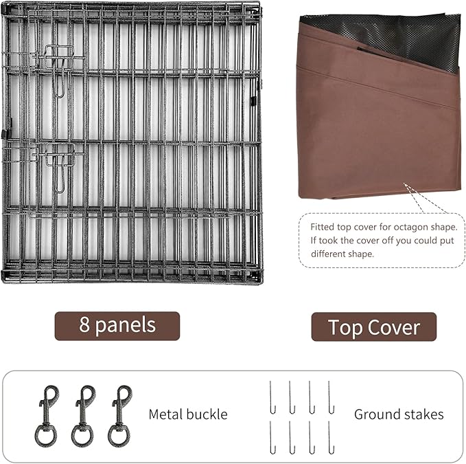 NEZUC Foldable Metal Dog Exercise Playpen Gate Fence Dog Crate 8 Panels 24 Inch Height Puppy Kennels with Top Cover/Bottom Pad for Animals Outdoor Indoor (Playpen+Top Cover, Brown, 36" H)