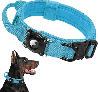 Tactical Dog Collar, Adjustable Military Training Nylon Dog Collar with Control Handle and Heavy Metal Buckle for Medium and Large Dogs, with Smart ID tag and Airtags Case (Blue,M)