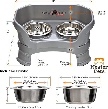 Neater Feeder Deluxe Mess-Proof Elevated Dog Bowls for Small Dogs (Up to 19 lbs), 2 Height Adjustable (6” & 7.5”) No-Spill Raised Dog Bowl Stand, Stainless Steel Food Bowl Set, Made in USA, Grey