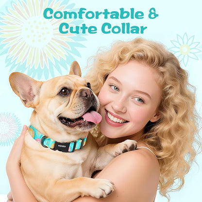 Kazazoo Dog Collar Cute and Soft Nylon Puppy Collar for Boy and Girl, Adjustable Dog Collars for Small Medium Dogs, Blue Sunflowers-XS