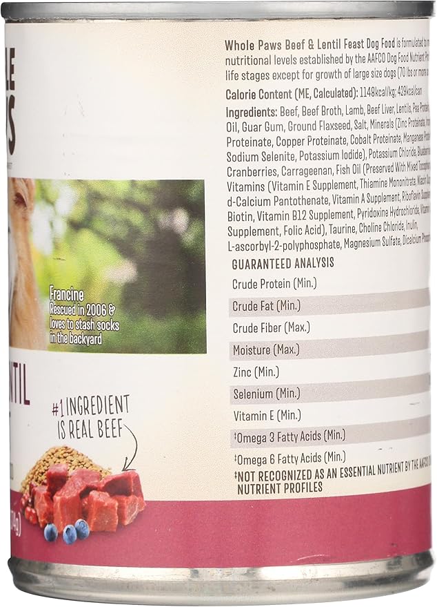 Whole Paws, Wet Dog Food, Beef & Lentil Feast, 13.2 Ounce