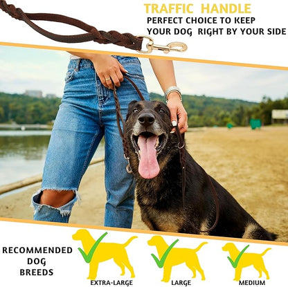 ADITYNA - Double Handle Leather Dog Leash 6ft - Heavy Duty Braided Dog Leash with Traffic Handle - Lead for Training and Walking Medium Large Breeds (Brown, Two Handles 6 Foot x 5/8")