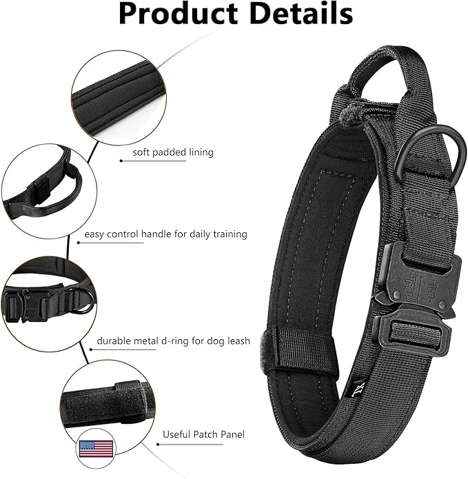 DAGANXI Tactical Dog Collar Leash Set, Adjustable Military Training Nylon Dog Collar with Controll Handle and Heavy Metal Buckle for Medium and Large Dogs，with Patches and Airtags Case (M, Black-Set)