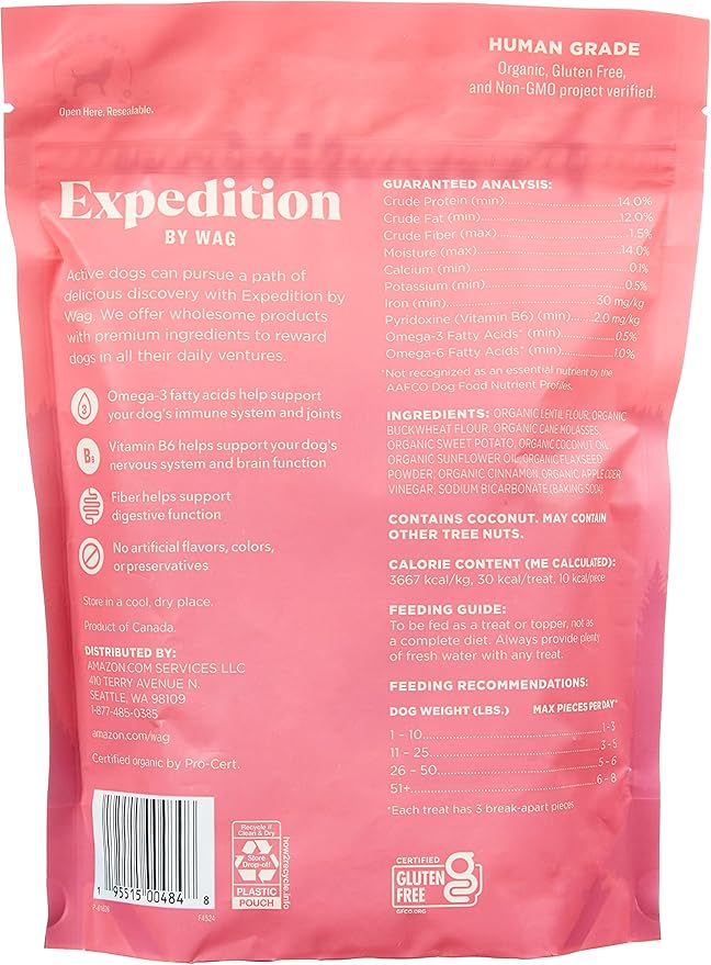 Amazon Brand - Wag Expedition Human Grade Organic Biscuits Dog Treats, Non-GMO, Sweet Potato & Flaxseed, 10oz